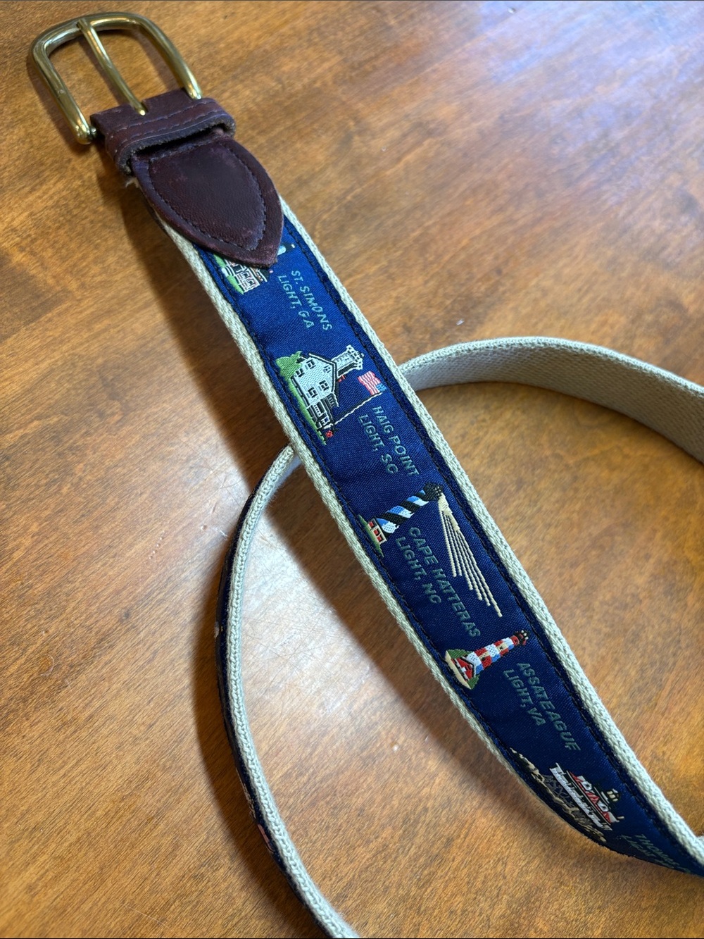 Men's Navy Lighthouse Ribbon Canvas Belt with Brown Leather Trim - Picture 2 of 11